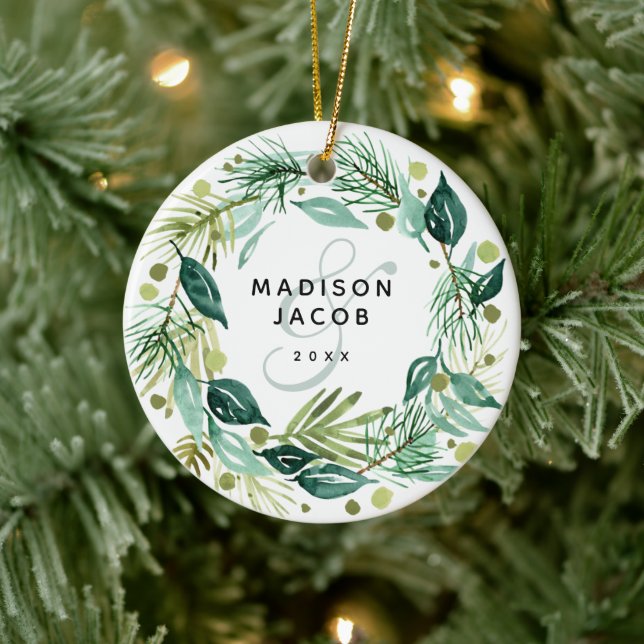 Christmas Boho Greenery Wreath Names Couple Photo Ceramic Tree Decoration (Tree)