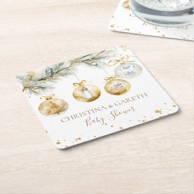 Christmas Boho Merry Little Baby Shower Square Paper Coaster (Angled)