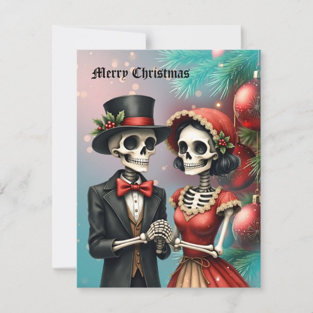 Christmas Bone Romance, A festive skeleton couple. Holiday Card (Front)