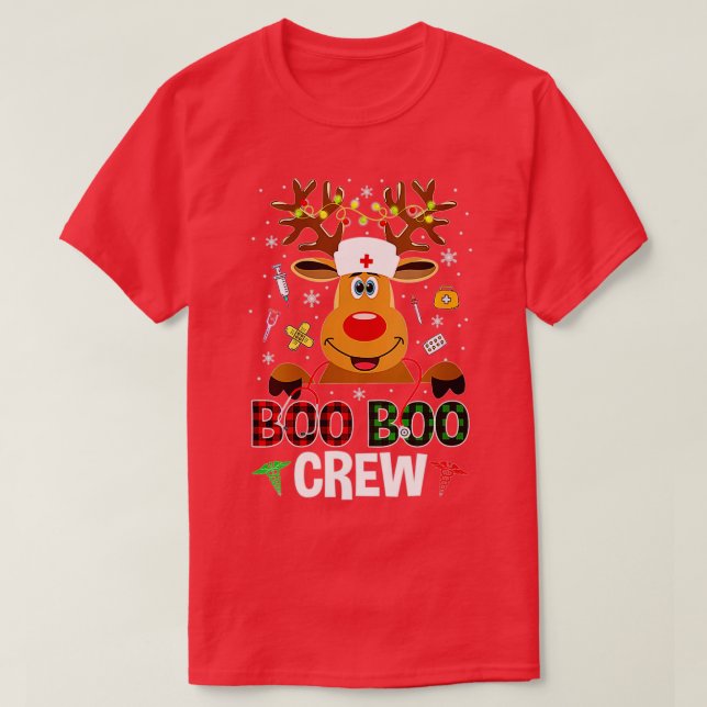Christmas Boo Boo Crew Reindeer Nurse Buffalo Plai T-Shirt (Design Front)