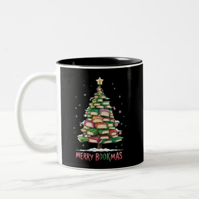Christmas Book Lover Tree Librarian Merry Bookmas  Two-Tone Coffee Mug (Left)