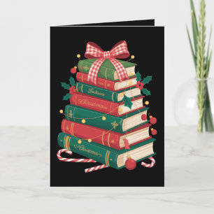 Christmas Book Stack Holly Bow Ribbon Reading Xmas Card