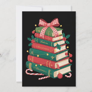 Christmas Book Stack Holly Bow Ribbon Reading Xmas Invitation