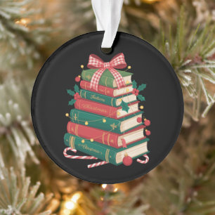 Christmas Book Stack Holly Bow Ribbon Reading Xmas Ornament