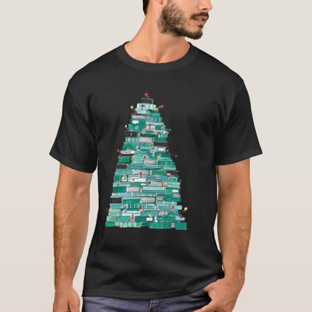 Christmas Book Tree And Twinkle Lights T-Shirt (Front)