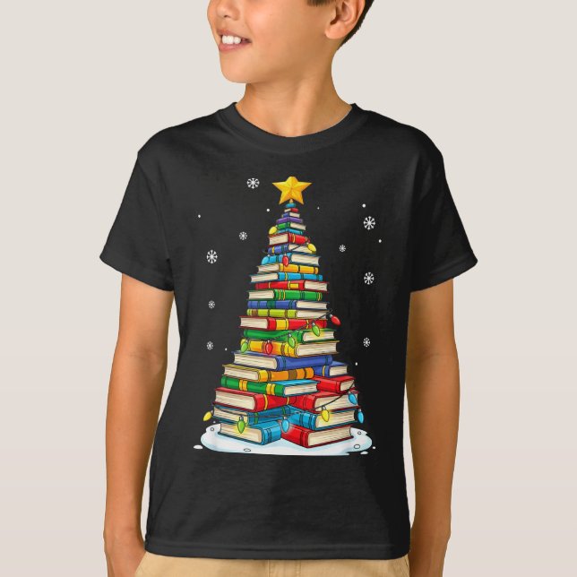 Christmas Book Tree Funny Librarians Books Lover  T-Shirt (Front)