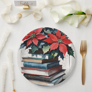 Christmas Books and Poinsettias Paper Plate