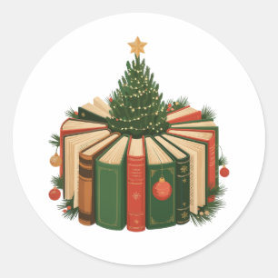 Christmas Books Tree Bookish Xmas Book Lover Classic Round Sticker