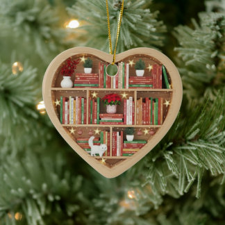 Christmas Bookshelves Red Green Book shelf 2Dprint Ceramic Tree Decoration