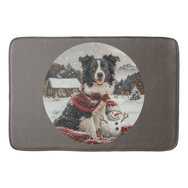 Christmas Border Collie Dog Snowman Bath Mat (Front)
