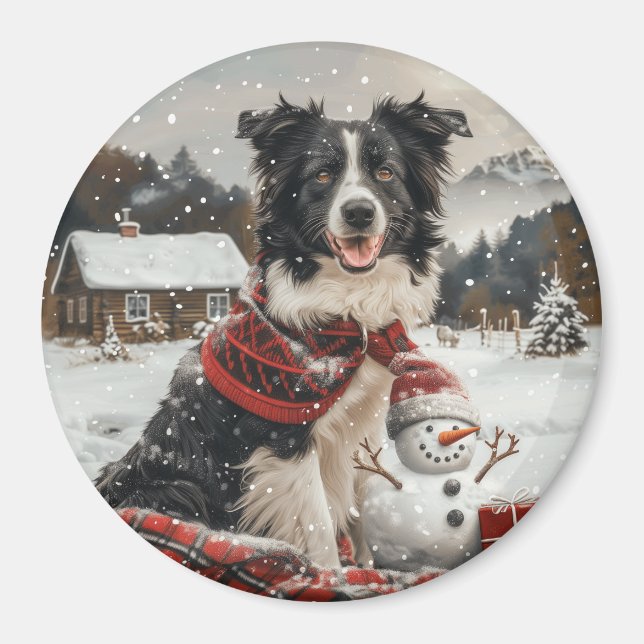 Christmas Border Collie Dog Snowman Magnet (Front)