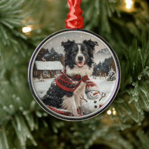 Christmas Border Collie Dog Snowman Metal Tree Decoration