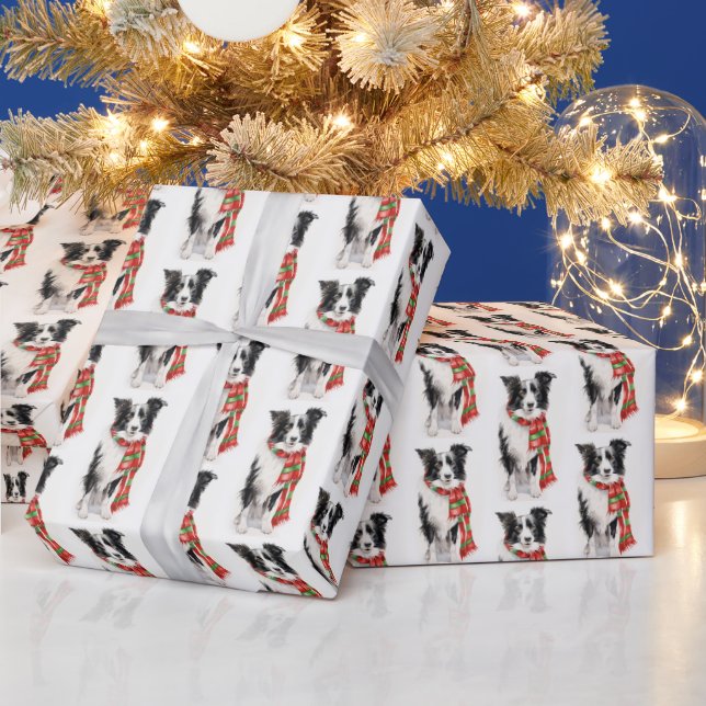 Christmas Border Collie With Scarf Wrapping Paper (Holidays)