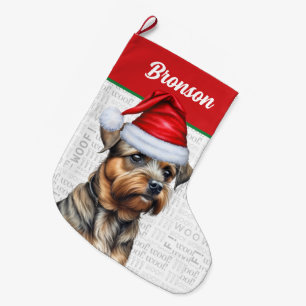 Christmas Border Terrier with Name Woof Background Large Christmas Stocking