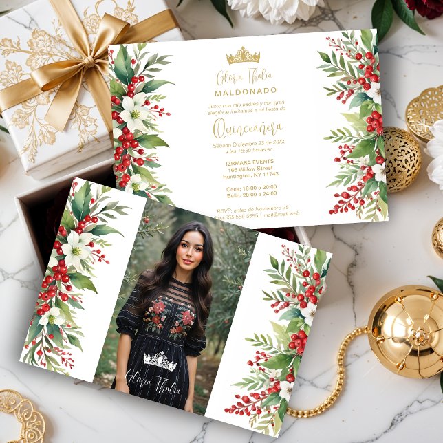 Christmas Border XVs Holly Sweet Floral Spanish  Invitation (Christmas Border Inspirations Holly Sweet Floral Spanish Photo Mis XV Invitations Cards. )