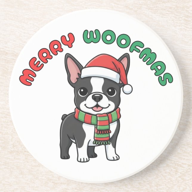 Christmas Boston Terrier Coaster: Merry Woofmas Coaster (Front)