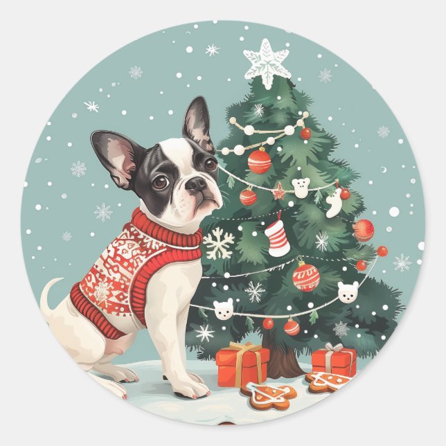 Christmas Boston Terrier Dog Classic Round Sticker (Front)