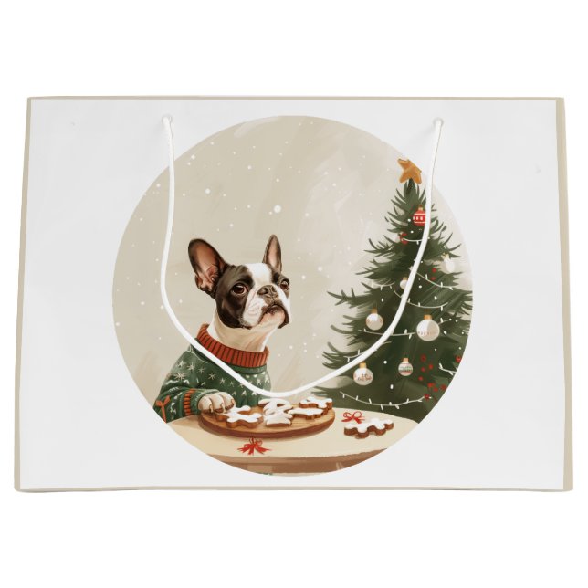 Christmas Boston Terrier Dog Large Gift Bag (Front)