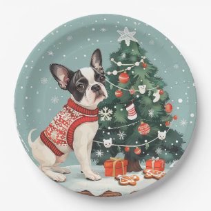 Christmas Boston Terrier Dog Paper Plate
