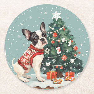 Christmas Boston Terrier Dog Round Paper Coaster