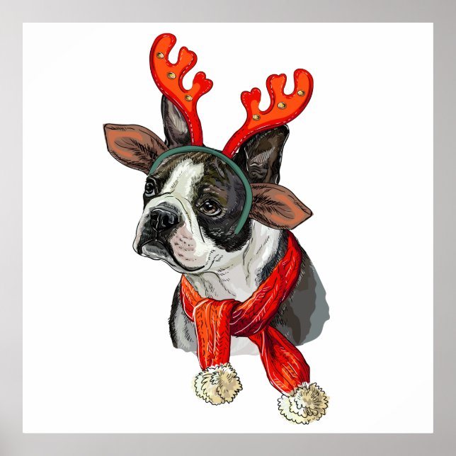 Christmas Boston terrier dog Throw Pillow Poster (Front)
