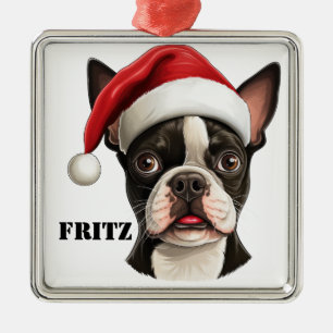 CHRISTMAS BOSTON TERRIER DOG WITH SANTA HAT METAL TREE DECORATION
