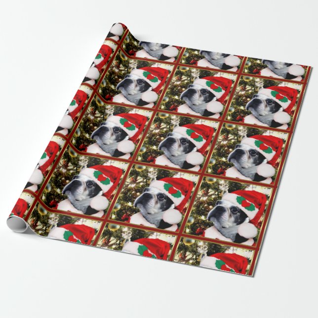 Christmas Boston Terrier dog Wrapping Paper (Unrolled)
