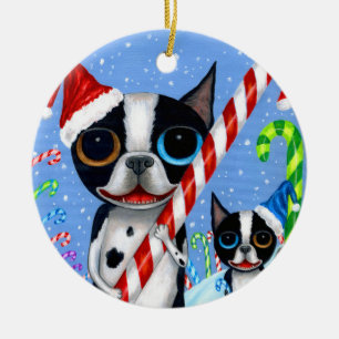 Christmas Boston Terrier Dogs Candy Cane Santa Hat Ceramic Tree Decoration