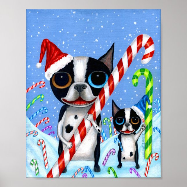 Christmas Boston Terrier Dogs Candy Cane Santa Hat Poster (Front)
