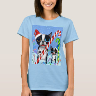 Christmas Boston Terrier Dogs Candy Cane Santa Hat T-Shirt