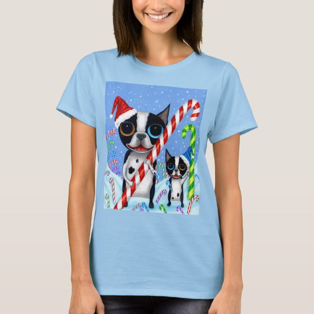 Christmas Boston Terrier Dogs Candy Cane Santa Hat T-Shirt (Front)