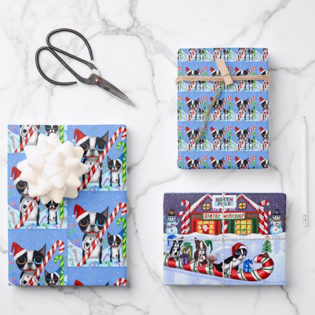 Christmas Boston Terrier Dogs Candy Cane Santa Hat Wrapping Paper Sheet (Front)