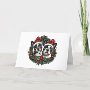 Christmas Boston Terrier Dogs Holiday Wreath Card