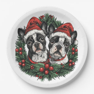 Christmas Boston Terrier Dogs Holiday Wreath Paper Plate