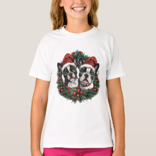 Christmas Boston Terrier Dogs Holiday Wreath T-Shirt