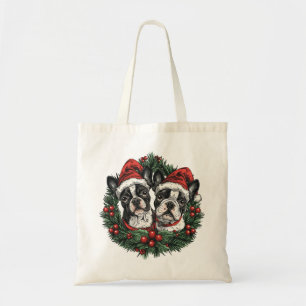 Christmas Boston Terrier Dogs Holiday Wreath Tote Bag