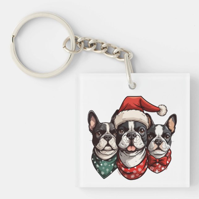 Christmas Boston Terrier Dogs Key Ring (Front)