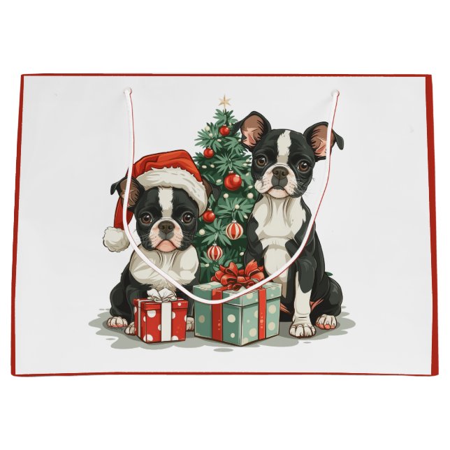 Christmas Boston Terrier Dogs Large Gift Bag (Front)
