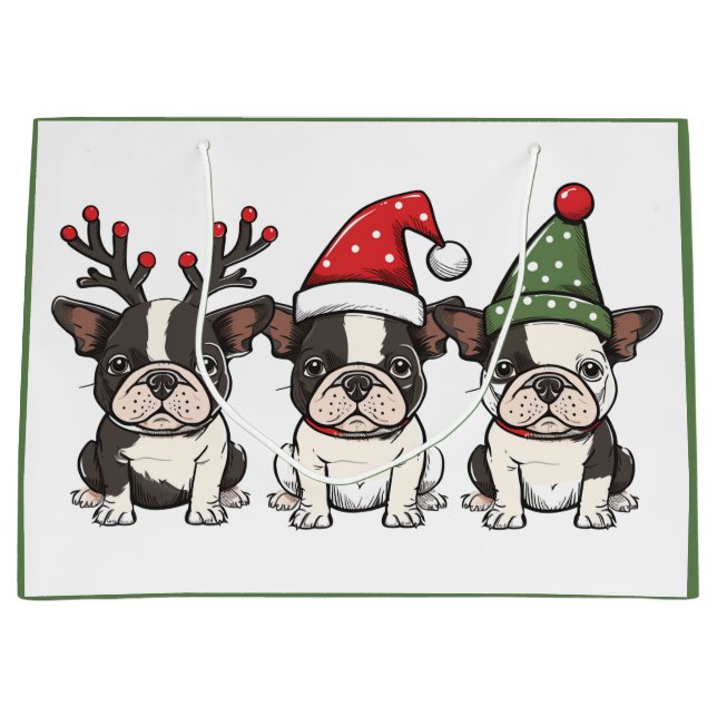 Christmas Boston Terrier Dogs Large Gift Bag (Front)