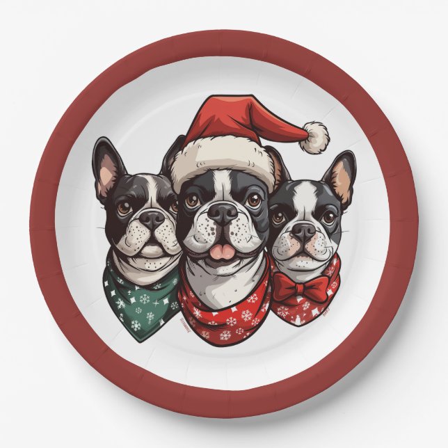 Christmas Boston Terrier Dogs Paper Plate (Front)