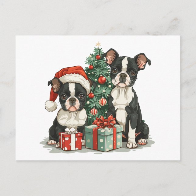 Christmas Boston Terrier Dogs Postcard (Front)