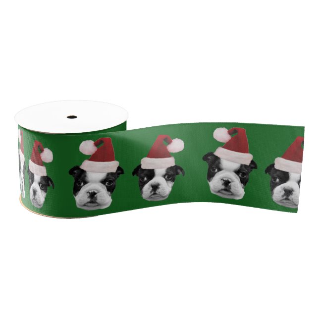 Christmas Boston Terrier Green 3" grosgrain ribbon (Spool)