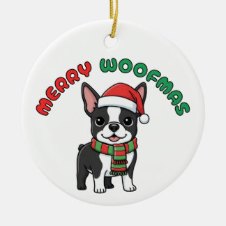 Christmas Boston Terrier Ornament: Merry Woofmas Ceramic Tree Decoration