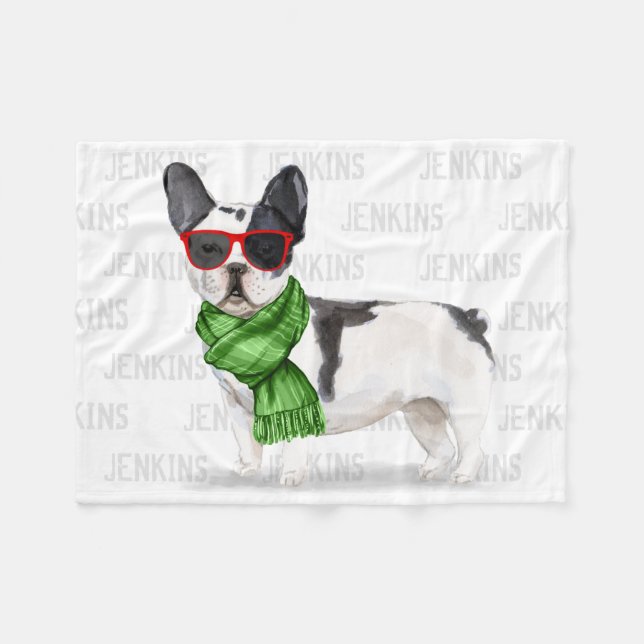 Christmas Boston Terrier Pup with Dog's Name Fleece Blanket (Front (Horizontal))