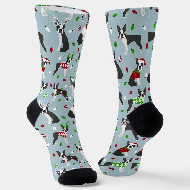 Christmas Boston Terrier Socks (Angled)