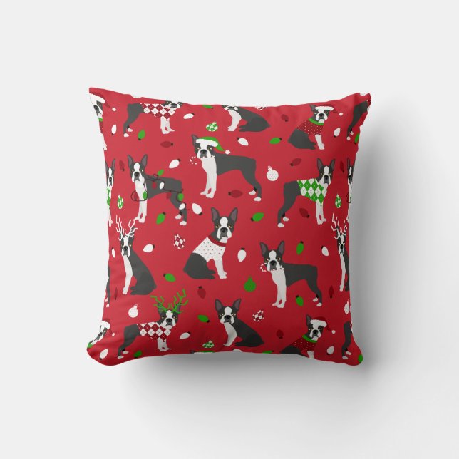Christmas Boston Terrier Throw Pillow (Front)
