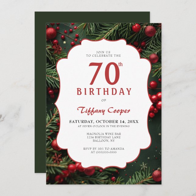 Christmas Botanical 70th Birthday Invitation (Front/Back)