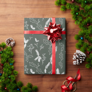 Christmas Botanical Berry Pine Leaves Green Wrapping Paper