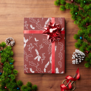 Christmas Botanical Berry Pine Leaves Red Wrapping Paper