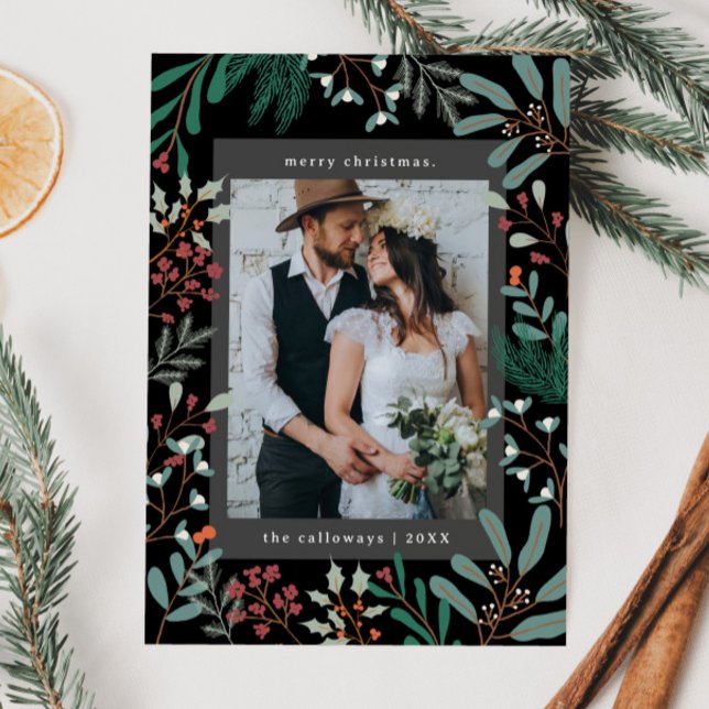 Christmas Botanical Black Photo Holiday Card (Creator Uploaded)